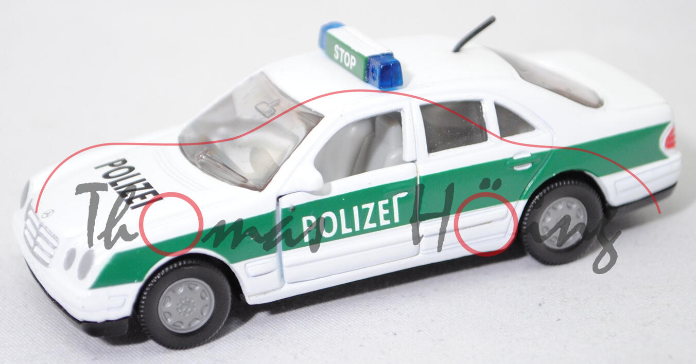 00000 Mercedes-Benz E 230 »CLASSIC« (2. Gen. E-Klasse, W 210, Modell 1995-1998) Peterwagen, weiß, POLIZEI, SIKU, 1:56