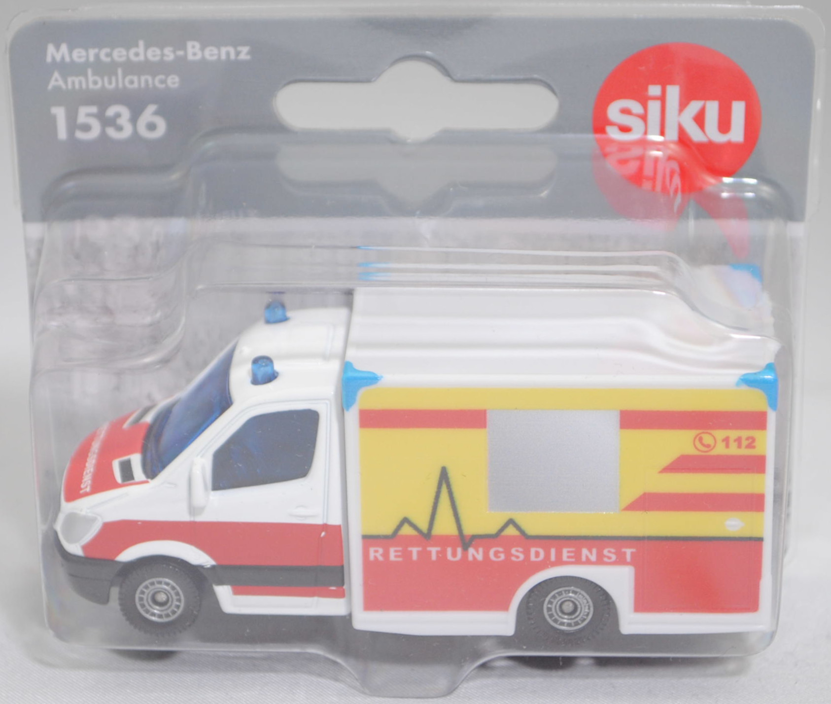 00002 MIESEN Rettungswagen mit Kofferaufbau auf Mercedes-Benz Sprinter II (Modell 2006-2009) Fahrgestell, weiß, RETTUNGSDIENST, Kühlergrill ohne Lüftungsgitter, SIKU SUPER, 1:78, P29f