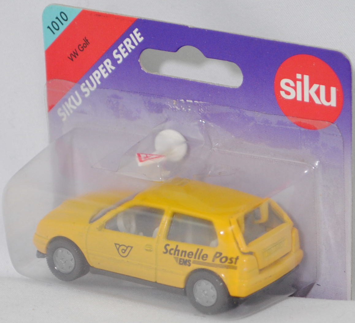 03800 A VW Golf III 1.8 GL (Typ 1H, Vorfacelift, Modell 1991-1994), signalgelb, innen grau, Lenkrad grau, Schnelle Post / EMS und Postlogo, Chassis schwarz, Hong, SIKU SUPER, 1:56, P27