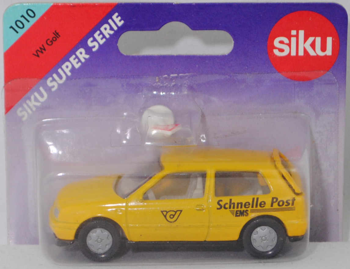 03800 A VW Golf III 1.8 GL (Typ 1H, Vorfacelift, Modell 1991-1994), signalgelb, innen grau, Lenkrad grau, Schnelle Post / EMS und Postlogo, Chassis schwarz, Hong, SIKU SUPER, 1:56, P27