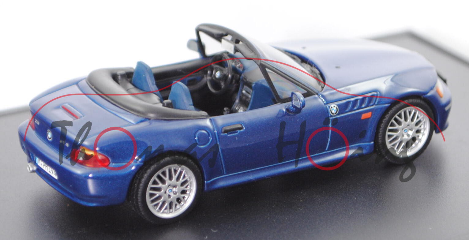 BMW Z3 roadster 1.8 (1. Gen., Facel., E36/7, Mod. 99-00), topasblau met., Minichamps, 1:43, Werbebox