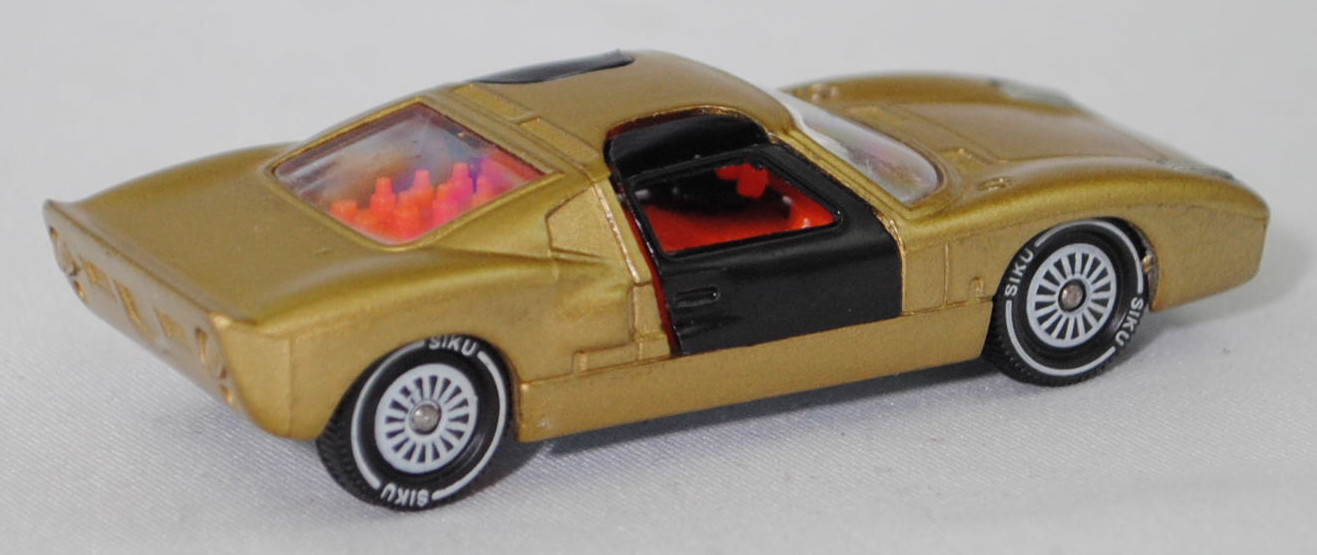 00005 Ford GT40 (Mk I bzw. Mark 1, Modell 1965-1967), Karosserie goldmetallic, Türen schwarz, Bpr. V 296 / W-Germ, Verglasung klar, R11 gerillt, SIKU SUPER, 1:57, m