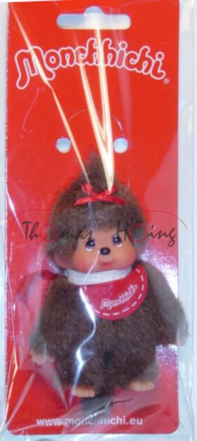 Monchhichi Key Chain Classic Girl Red Bib (Mädchen mit rotem Latz), Schlüsselanhänger, 10 cm groß, Sekiguchi