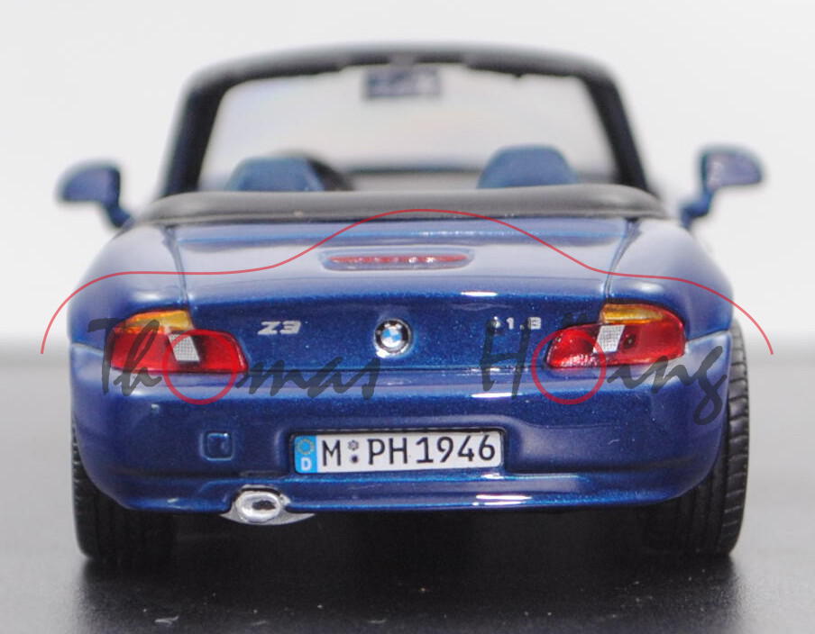 BMW Z3 roadster 1.8 (1. Gen., Facel., E36/7, Mod. 99-00), topasblau met., Minichamps, 1:43, Werbebox