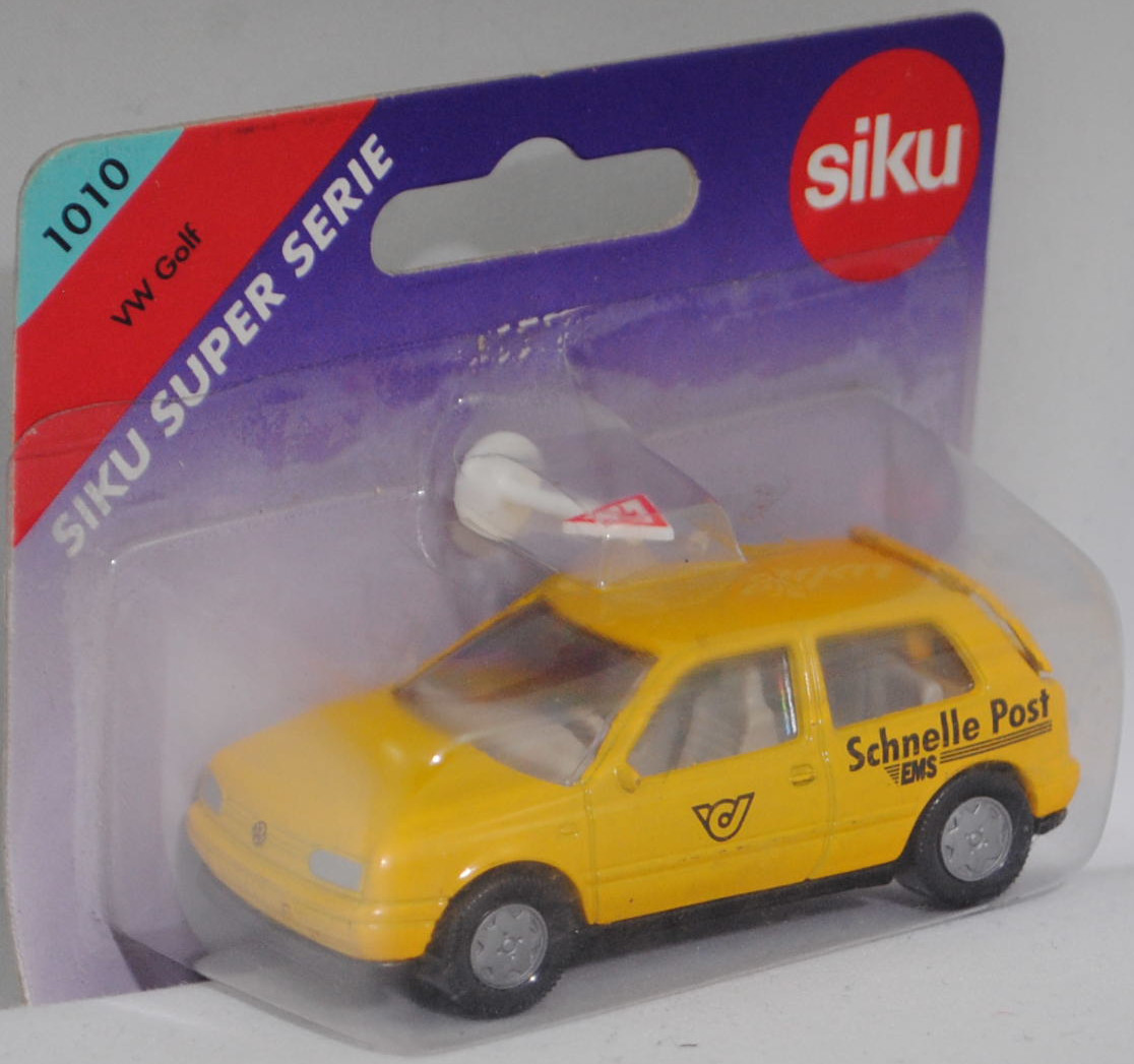 03800 A VW Golf III 1.8 GL (Typ 1H, Vorfacelift, Modell 1991-1994), signalgelb, innen grau, Lenkrad grau, Schnelle Post / EMS und Postlogo, Chassis schwarz, Hong, SIKU SUPER, 1:56, P27