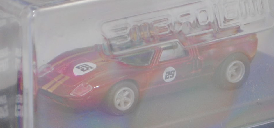 Ford GT40 (1. Generation, Baureihe GT40, Mk I bzw. Mark 1, Modell 1965-1967), weinrotmetallic, majorette, 1:64, PC-Box im Blister (Collection)