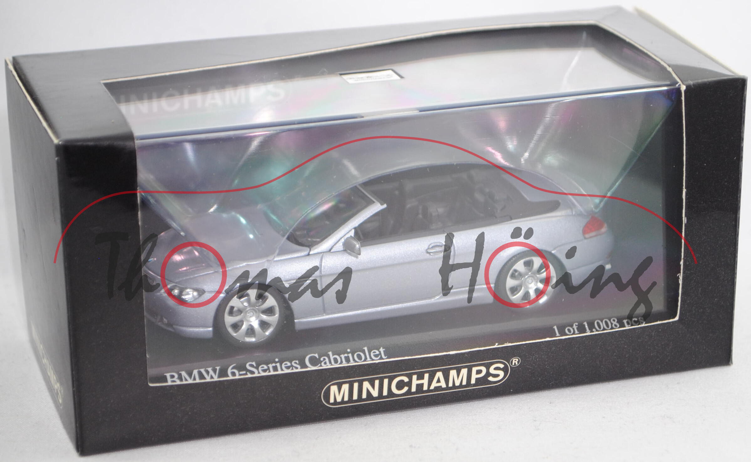 BMW 630i Cabrio (1. Gen., Facelift 2005, E64, Mod. 05-07), spacegrau met., Minichamps, 1:43, PC-Box