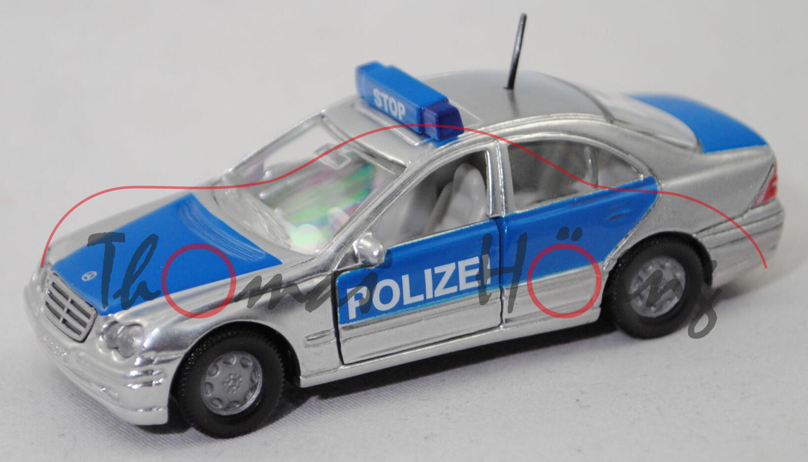 00002 Mercedes-Benz C 320 »AVANTGARDE« (W 203, Mod. 2000-2004) Peterwagen, weißaluminiummet., POLIZEI, mit Antenne, SIKU, 1:55