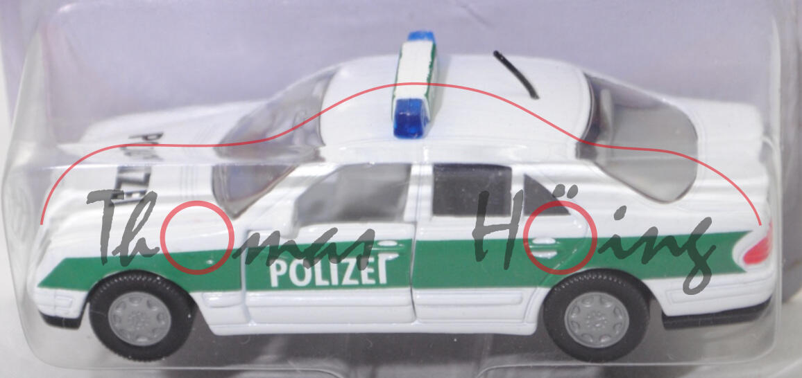 00000 Mercedes-Benz E 230 »CLASSIC« (2. Gen. E-Klasse, W 210, Modell 1995-1998) Peterwagen, weiß, POLIZEI, SIKU, 1:56, P26