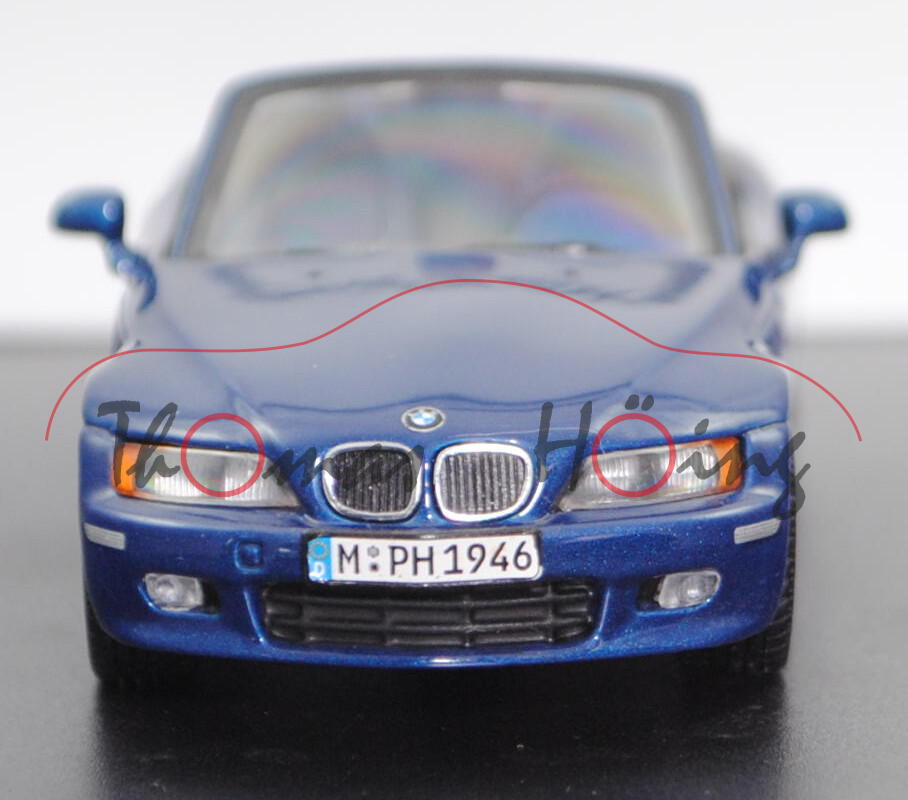 BMW Z3 roadster 1.8 (1. Gen., Facel., E36/7, Mod. 99-00), topasblau met., Minichamps, 1:43, Werbebox