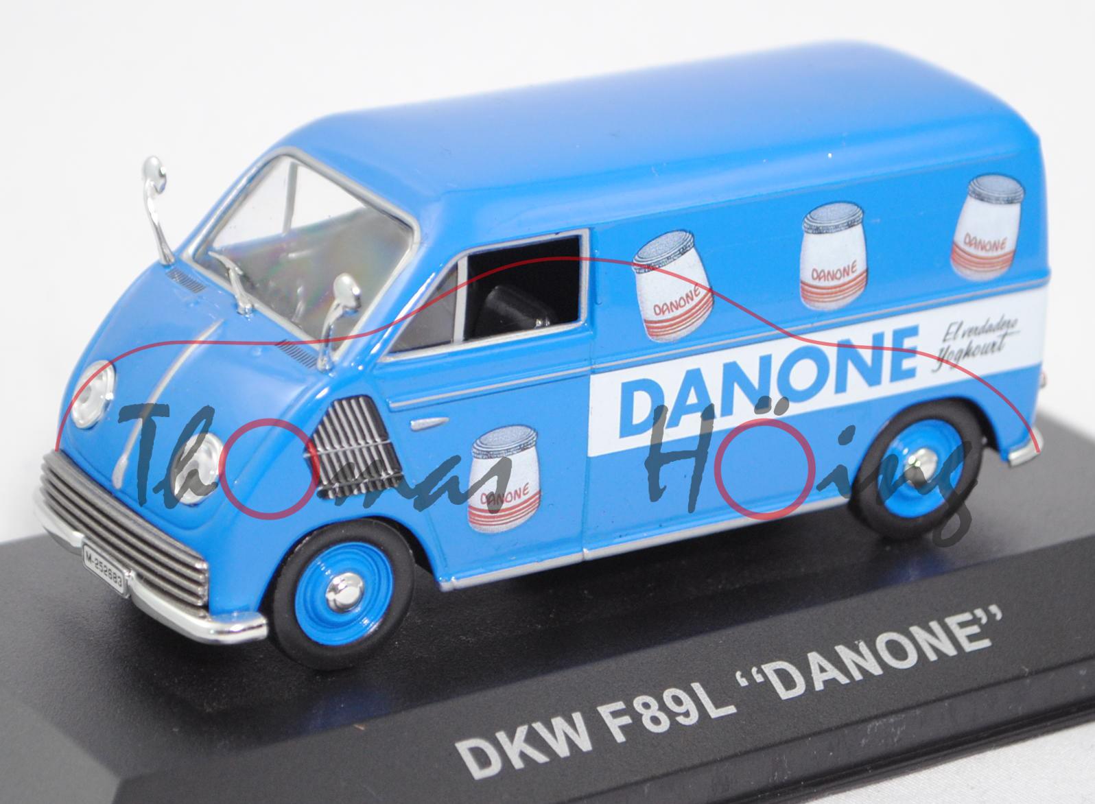 DKW-Schnellaster Kastenwagen (Typ F 89 L Dreigang, Modell 1949-1952), blau, DANONE, IXO, 1:43, mb