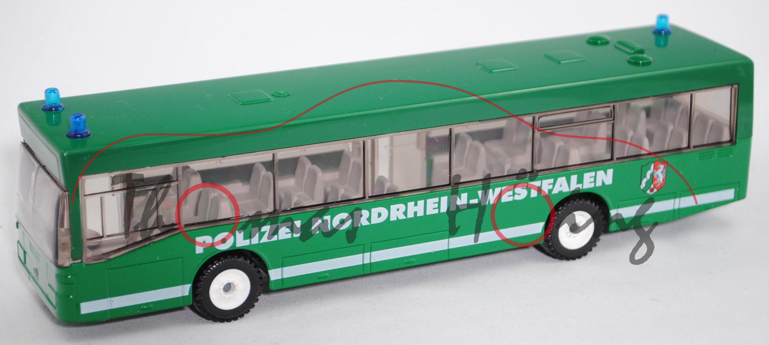 00002 Mercedes-Benz O 405 N Polizei-Info-Bus, grün, ohne Druck auf Dachoberkante, NRW, SIKU, L15 m-