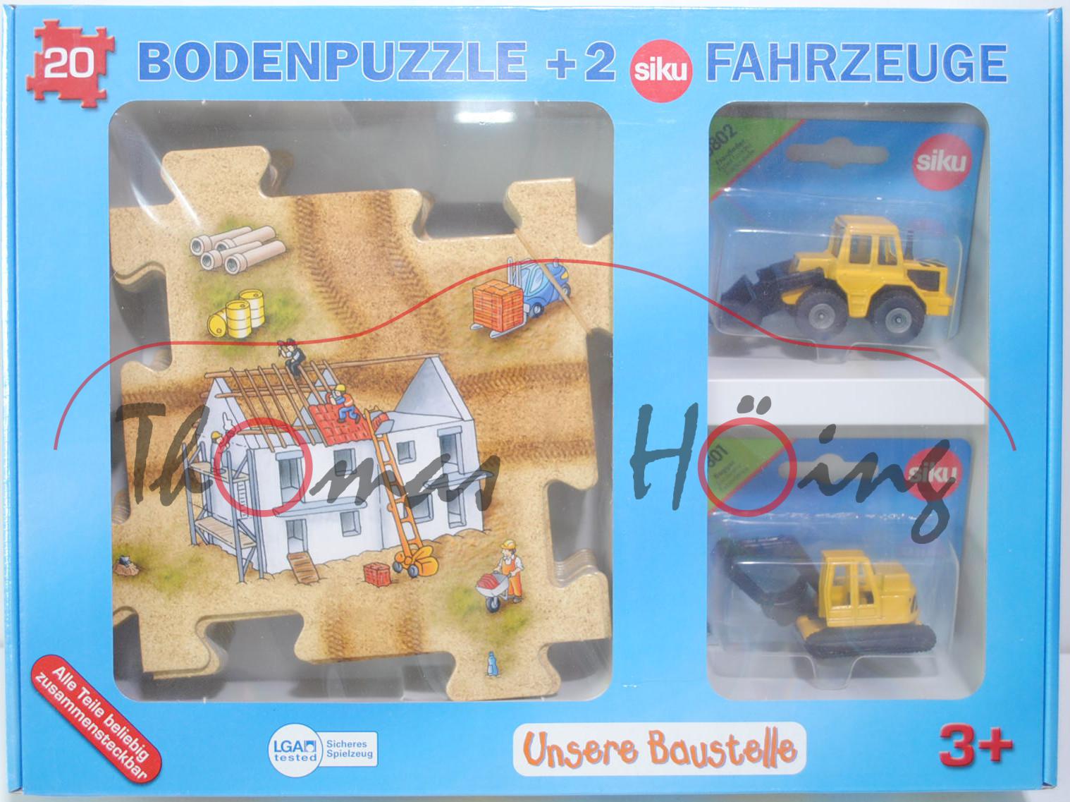 00000 20 teiliges Bodenpuzzle (78 x 63 cm) Baustelle incl. 2 Siku Modelle (0802 Frontlader, gelb/sch