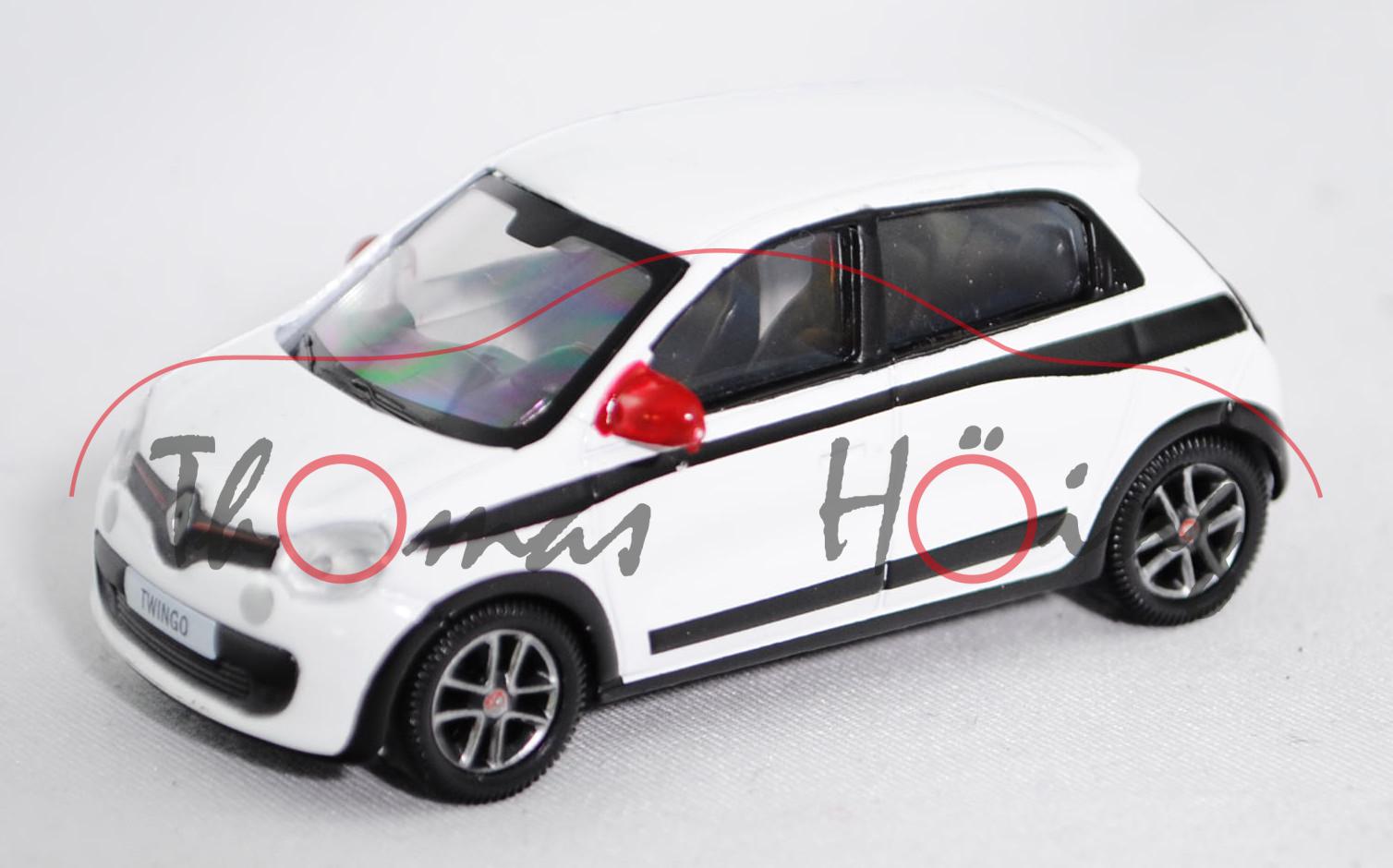 Renault Twingo (Typ Twingo III, Modell 2014-), reinweiß, schwarze Seitenstreifen, rote Außenspiegel,