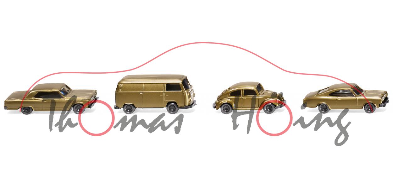 3 PKW + 1 Kleinbus: Chevrolet Malibu+ VW T2a Kasten+VW Käfer+Opel Rekord C Coupé, gold, 1:160, mb