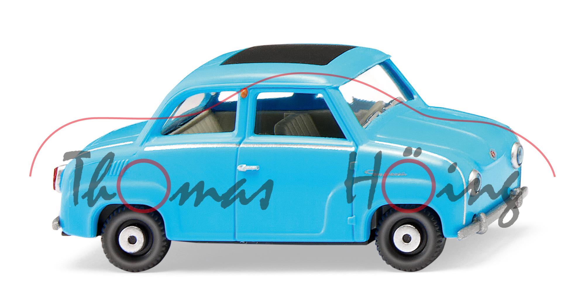 Glas Goggomobil T 250 / 300 / 400 mit geschl. Rolldach (Modell 1964-1969), eisblau, Wiking, 1:87, mb