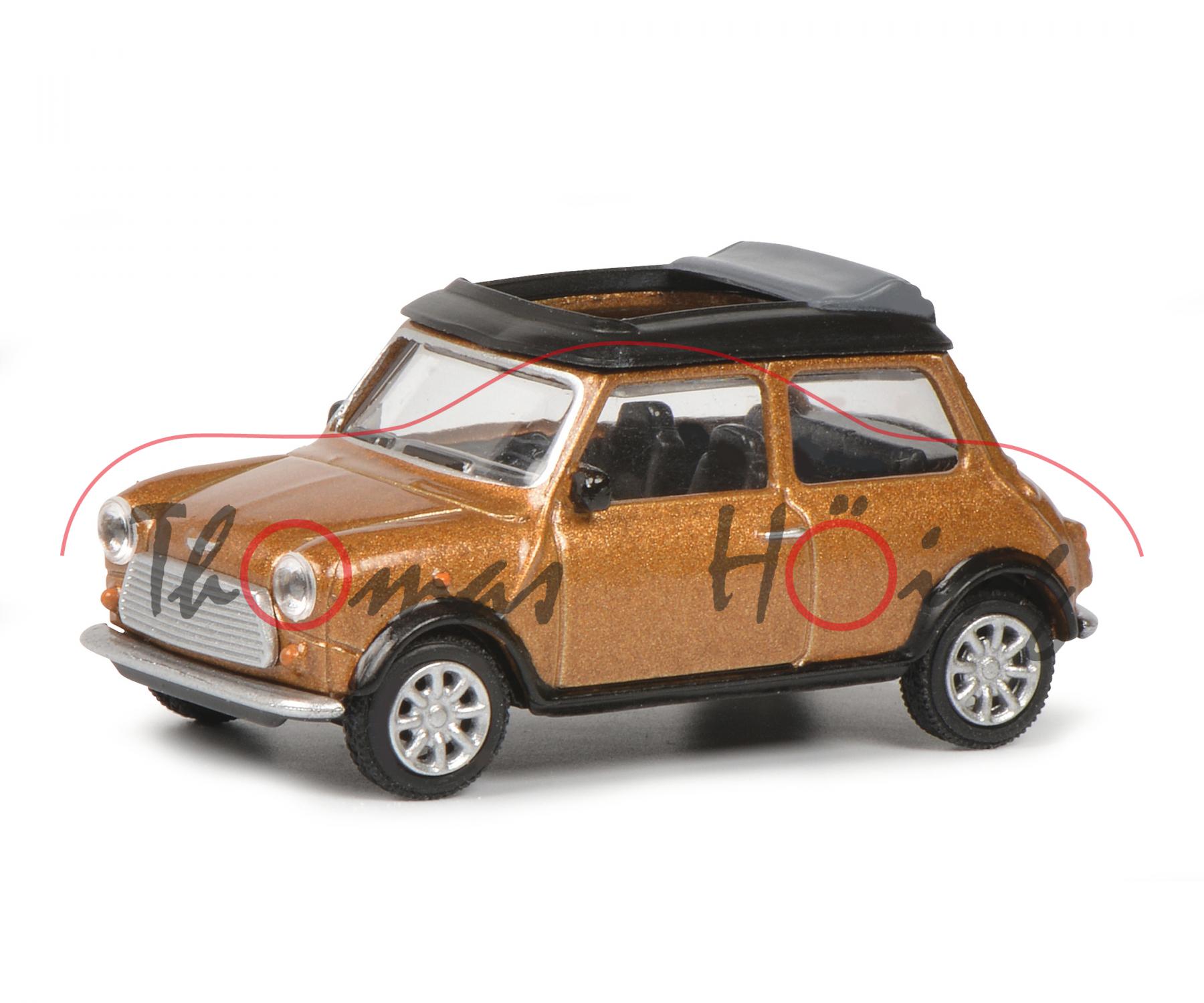 Mini Cooper 1.3i (Typ MK VI, Baureihe XN, Mod. 92-96), braunmetallic, Dach schwarz, Schuco, 1:64, mb