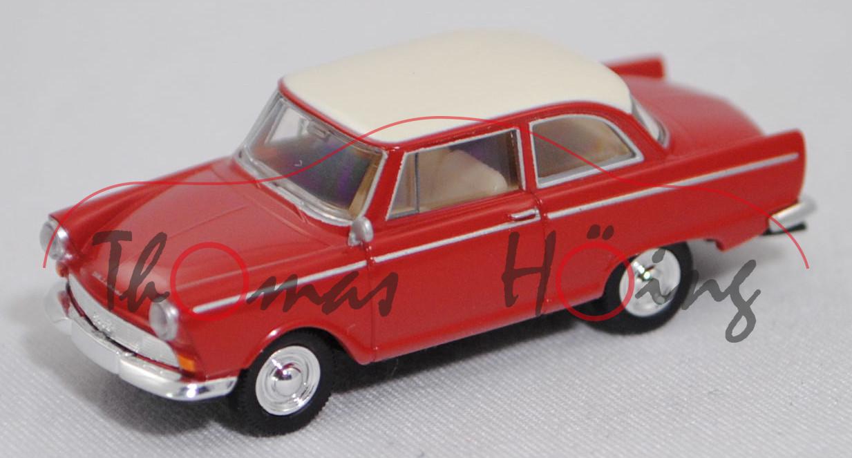 DKW Junior 800 de Luxe (Typ F11 '62-800, Mod. 61-63), rot, Dach hellelfenbein, BREKINA, 1:87, PC-Box