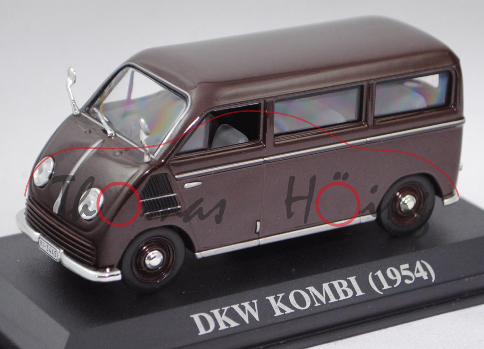 DKW-Schnellaster Bus (Typ F 89 L Dreigang, Modell 1949-1952), braun, IXO, 1:43, PC-Box (Kratzer)