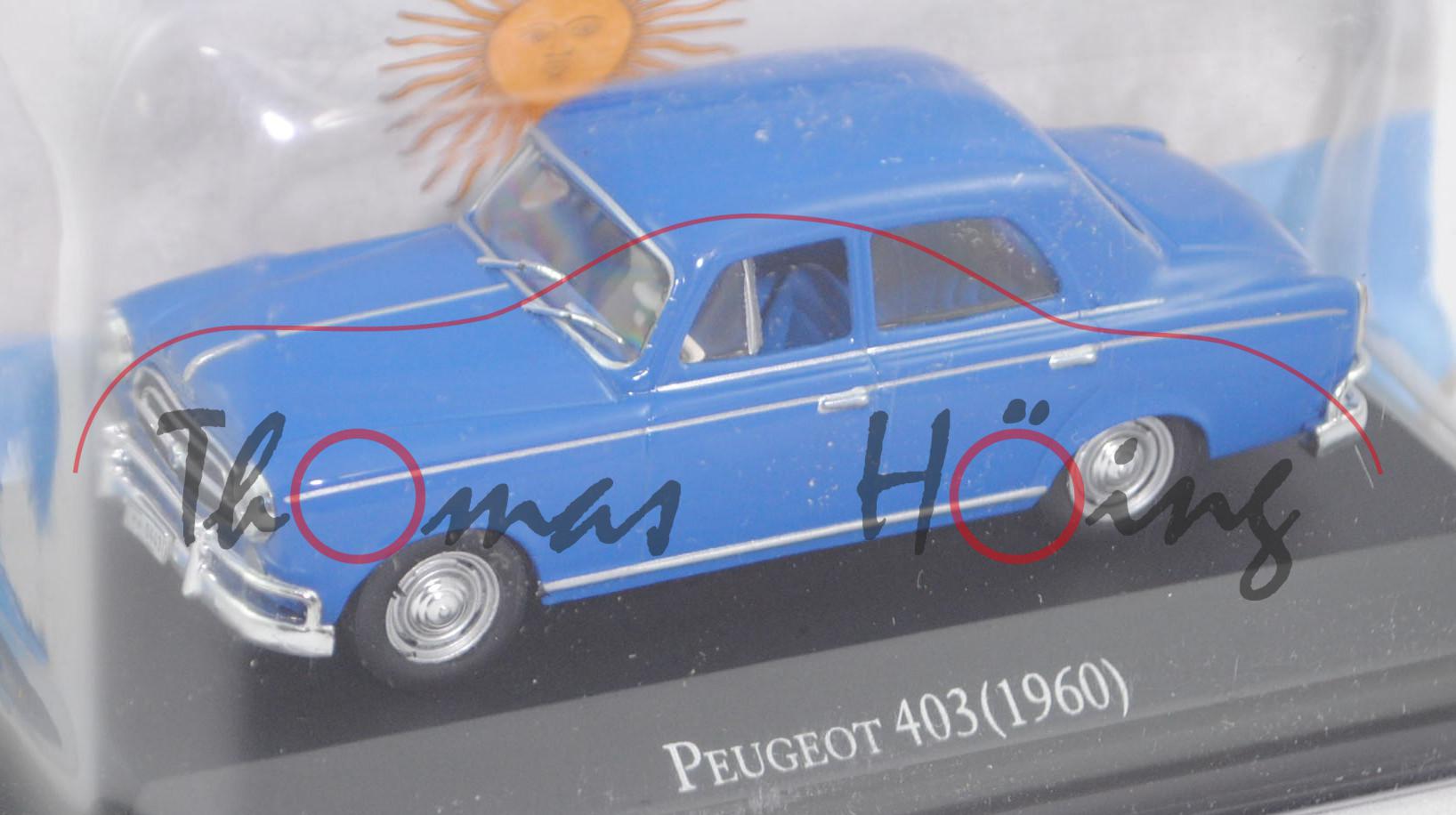 Peugeot 403 (4-türige Stufenhecklimousine, Mod. 60-65), signalblau, EDITION ATLAS, 1:43, Hauben-Box