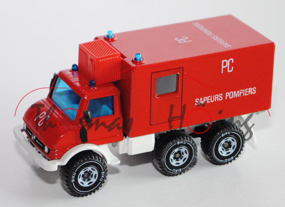 00101 F Unimog 406 Santiätswagen, verkehrsrot/cremeweiß, 4 Blaulichter, PC / SAPEURS POMPIERS, Vergl