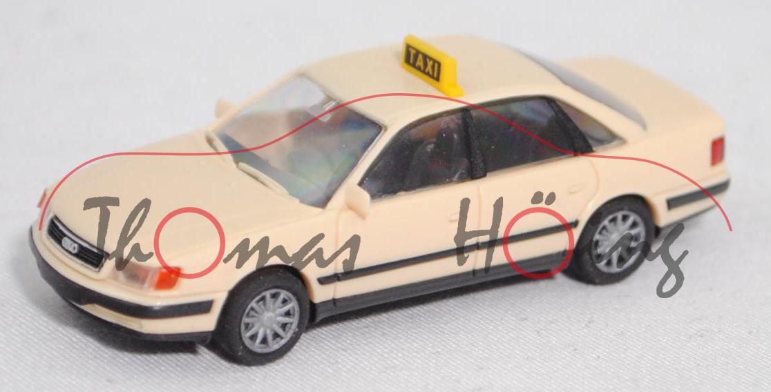 Audi 100 quattro 2.8 E (C4, Mod. 1990-1994) Taxi, hellelfenbein (L07Q), Rietze, 1:87, Werbeschachtel