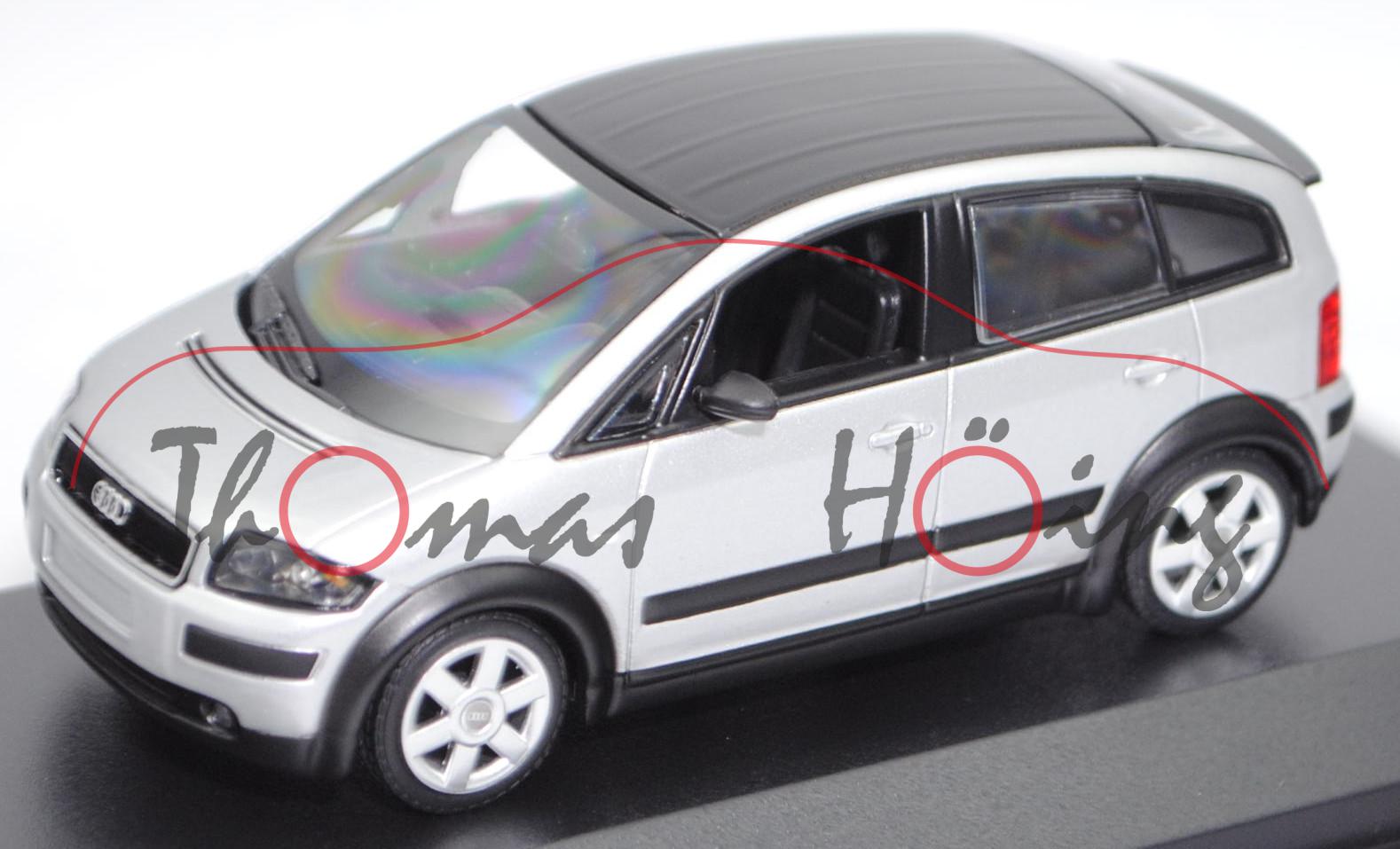 Audi A2 (Typ 8Z, Vorfacelift, Modell 2000-2003), lichtsilber metallic, Maxichamps, 1:43, PC-Box