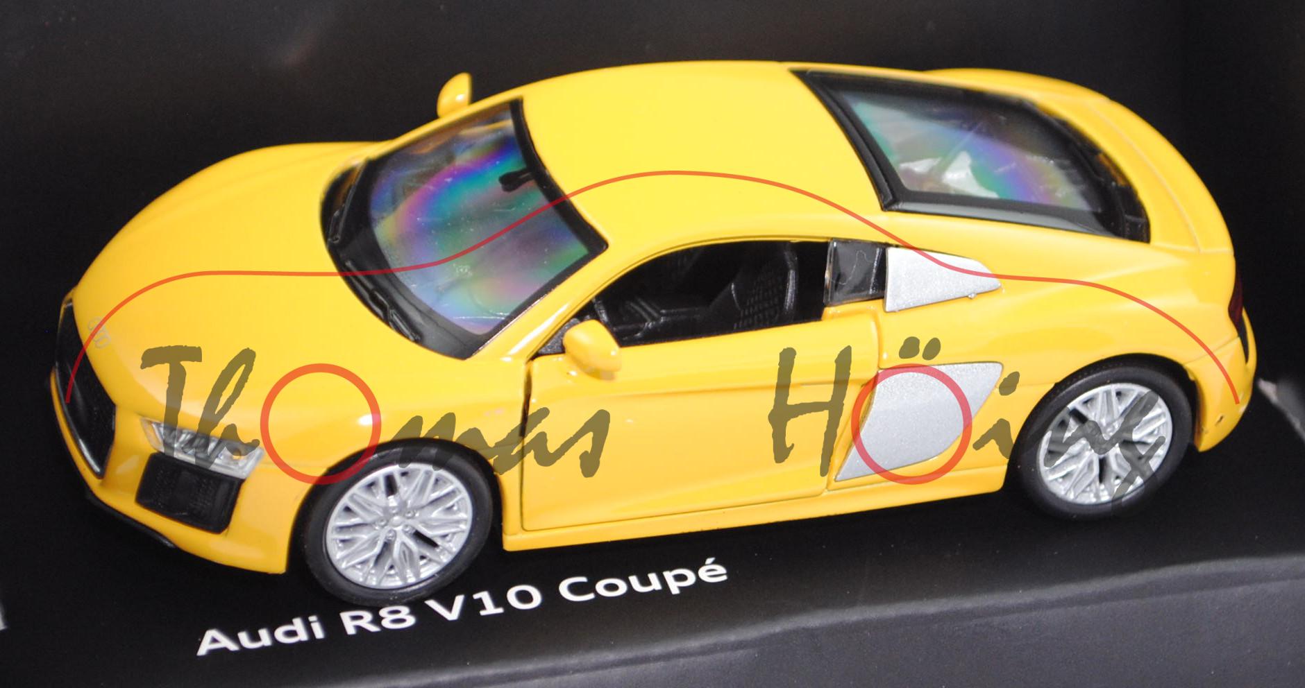 Audi R8 V10 Coupé (Typ 4S, 2. Gen., Mod. 15-), vegasgelb, Pullback, Welly, 1:38, Werbebox