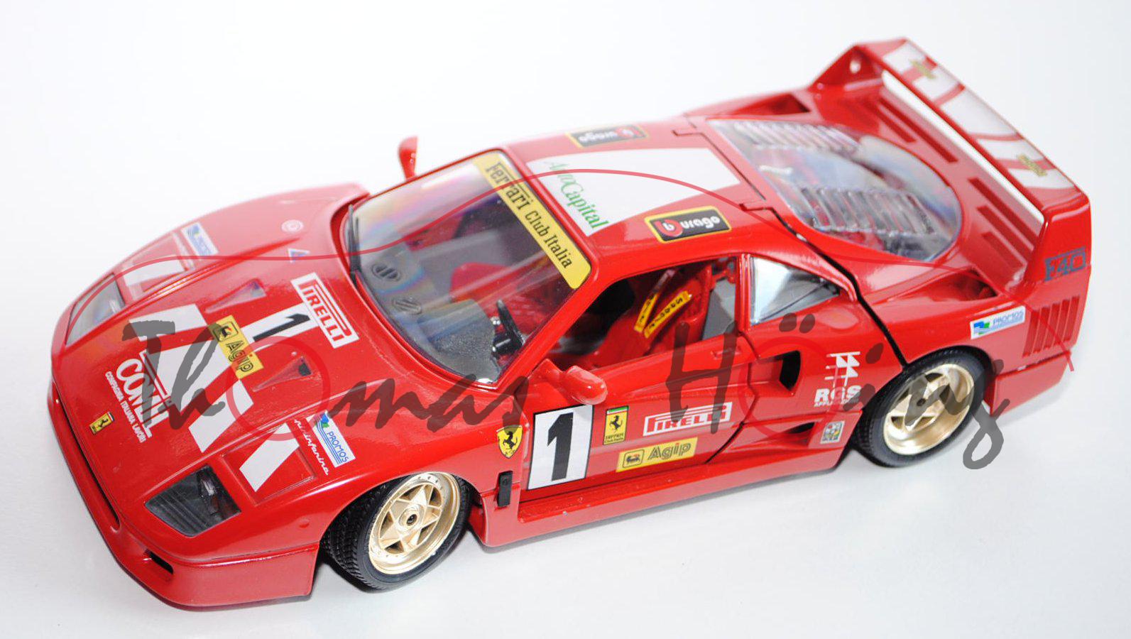 Ferrari F40 evoluzione (1987), rot, mit Werbedecal bburago auf dem Dach, Türen + Motorhaube + Koffer