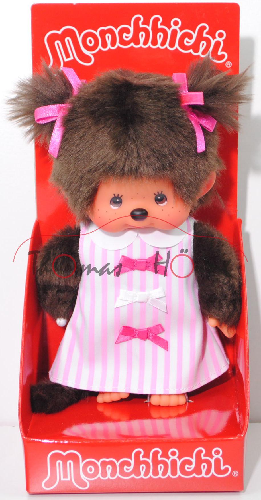 Monchhichi Pink Ribbon Dress Girl (Mädchen mit rosa gestreiftem Kleid), 20 cm groß, Sekiguchi