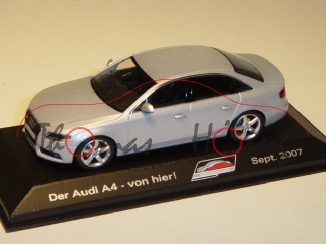 Audi A4, Mj. 2008, eissilber, Der Audi A4 - von hier! Sept. 2007, Minichamps, 1:43, Werbeschachtel