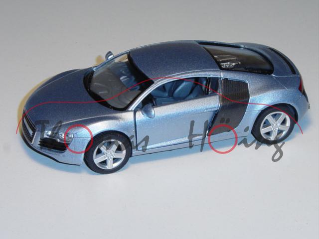 Audi R8, Mj. 2007, blausilbermetallic, mit Rückziehmotor, Kinsmart®, 1:36