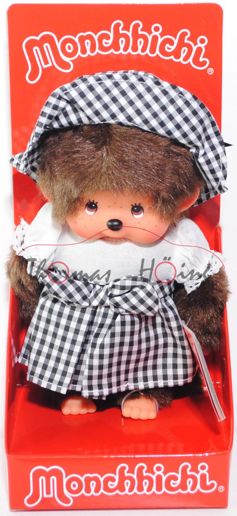 Monchhichi Monotone Gingham Checker Girl Black & White, 20 cm groß, Sekiguchi