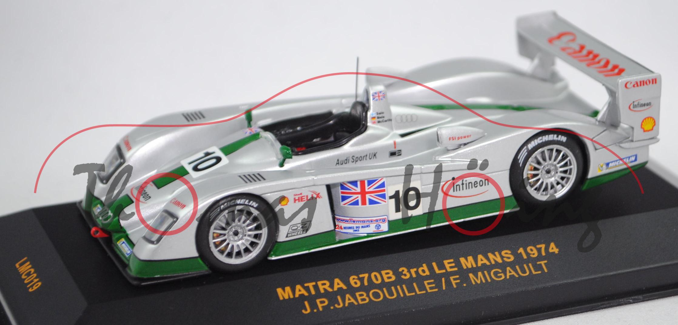 Audi R8, Audi Sport UK, Le Mans 2003, Fahrer: Salo/Biela/McCarty, Nr. 10, IXO, Box (nicht original)