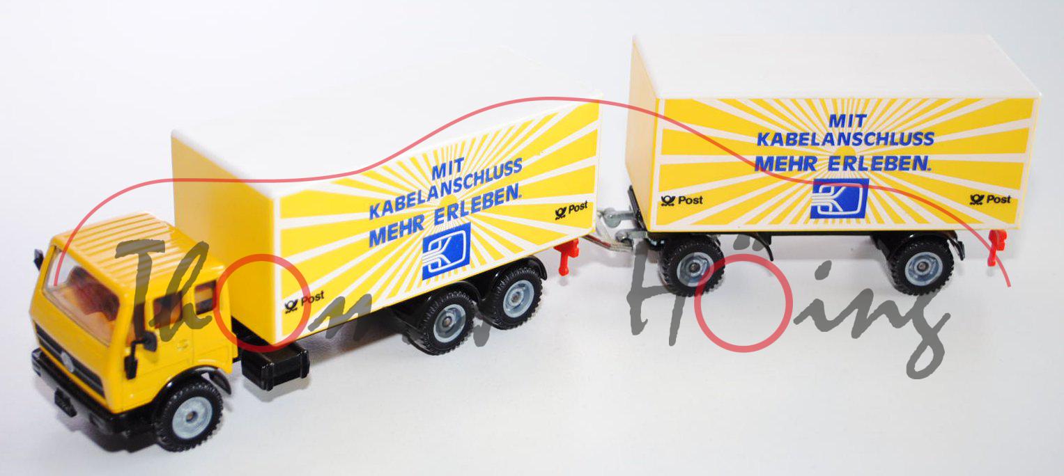 Mercedes 2232 LKW mit Anhänger, kadmiumgelb/schwarz, MIT / KABELANSCHLUSS / MEHR ERLEBEN. / Post Pos