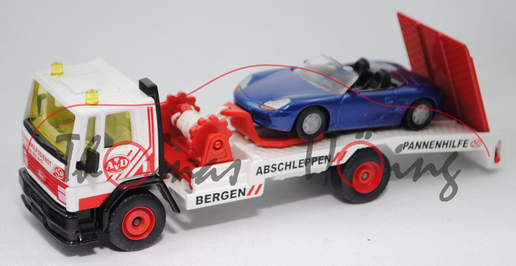 00000 Ford Cargo (Typ 110, Mod. 81-92) Abschleppwagen m. Porsche Boxster (Mod. 96-99), weiß/rot, AvD