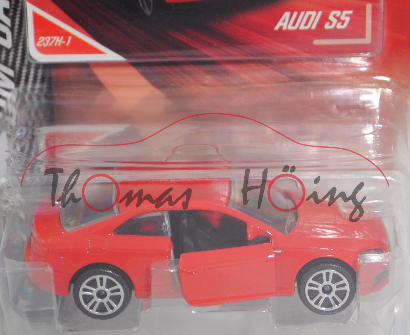 Audi S5 Coupé (Typ 9T / F5, AU494, Mod. 2016-), verkehrsrot, mit Sammlerflyer, majorette, 1:64, mb