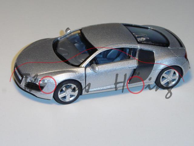 Audi R8, Mj. 2007, silber, mit Rückziehmotor, Kinsmart®, 1:36