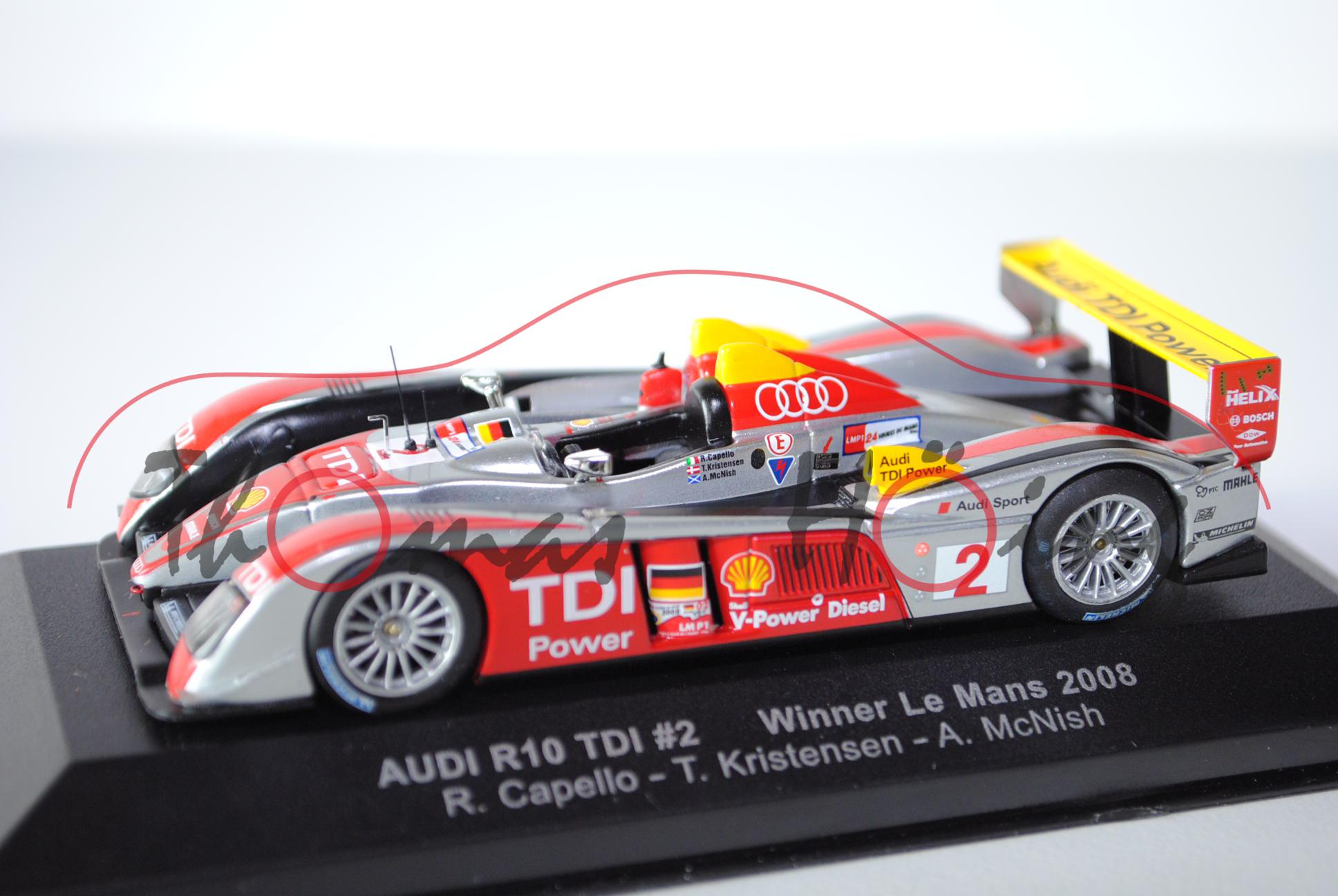 Audi R10 TDI, 24h Le Mans 2008, silber/gelb/rot/schwarz, Capello/Kristensen/McNish, Nr. 2, 1:43, ixo