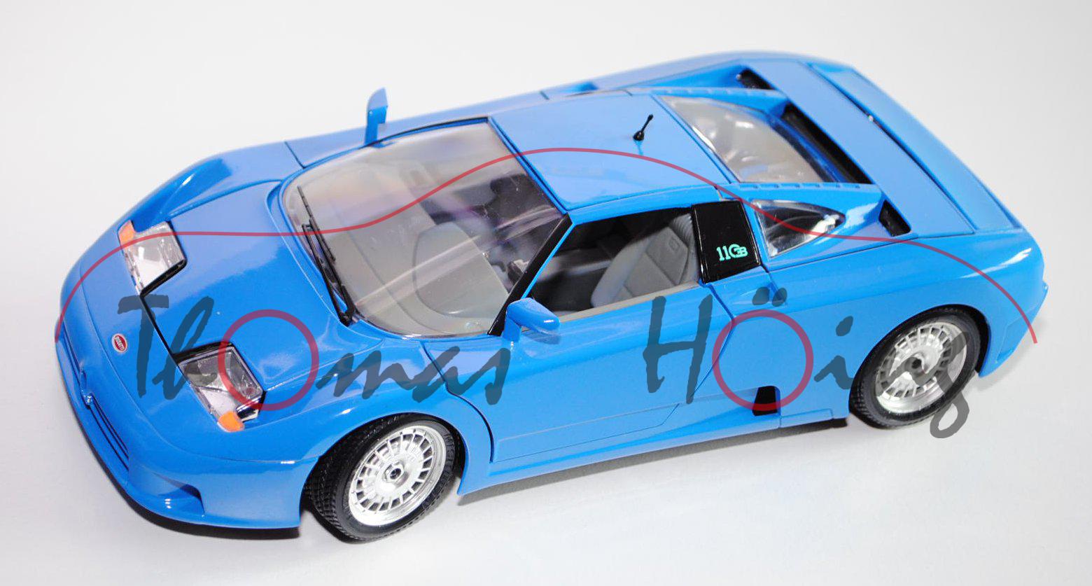 Bugatti EB 110 (1991), himmelblau, 5-teilige Rückleuchten, Türen + Motorhaube + Kofferraum zu öffnen