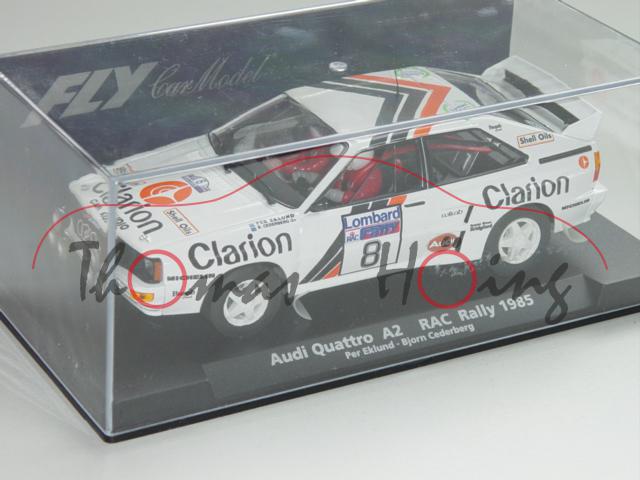 Audi Quattro, weiß, RAC Rallye 1985, Per Eklund / Björn Cederberg, Nr. 8, Fly, 1:32, mb