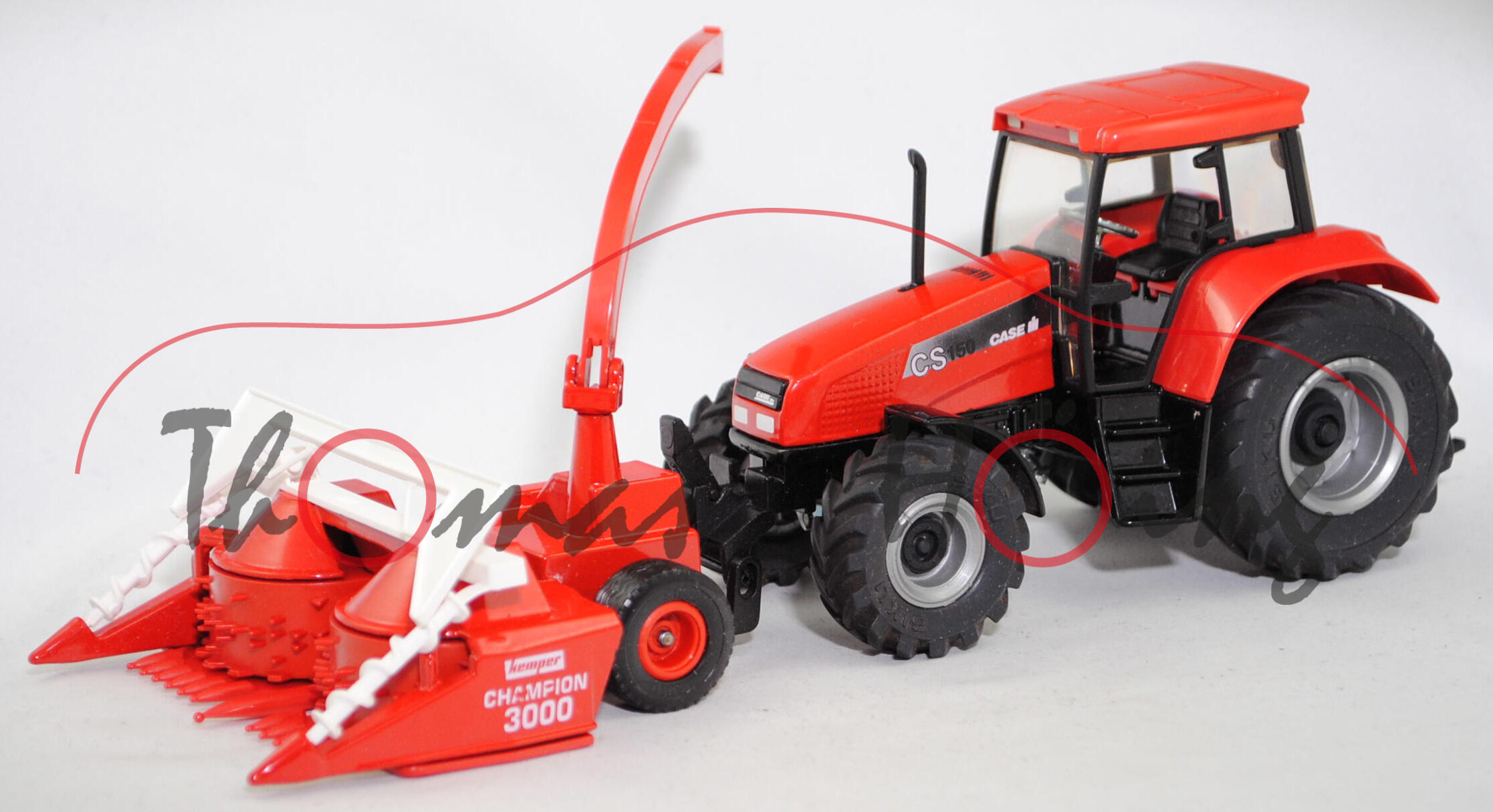 00001 Case IH CS 150 (Modell 1997-1999) mit KEMPER Anbauhäcksler C 3000 (Modell 1986-2020), rot, SIKU, 1:32, L15