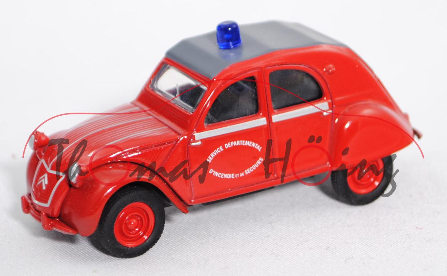 Citroen 2CV (Modell 1955-1960) Pompiers, karminrot, Dach dunkel-fehgrau, SERVICE DEPARTEMENTAL, mb