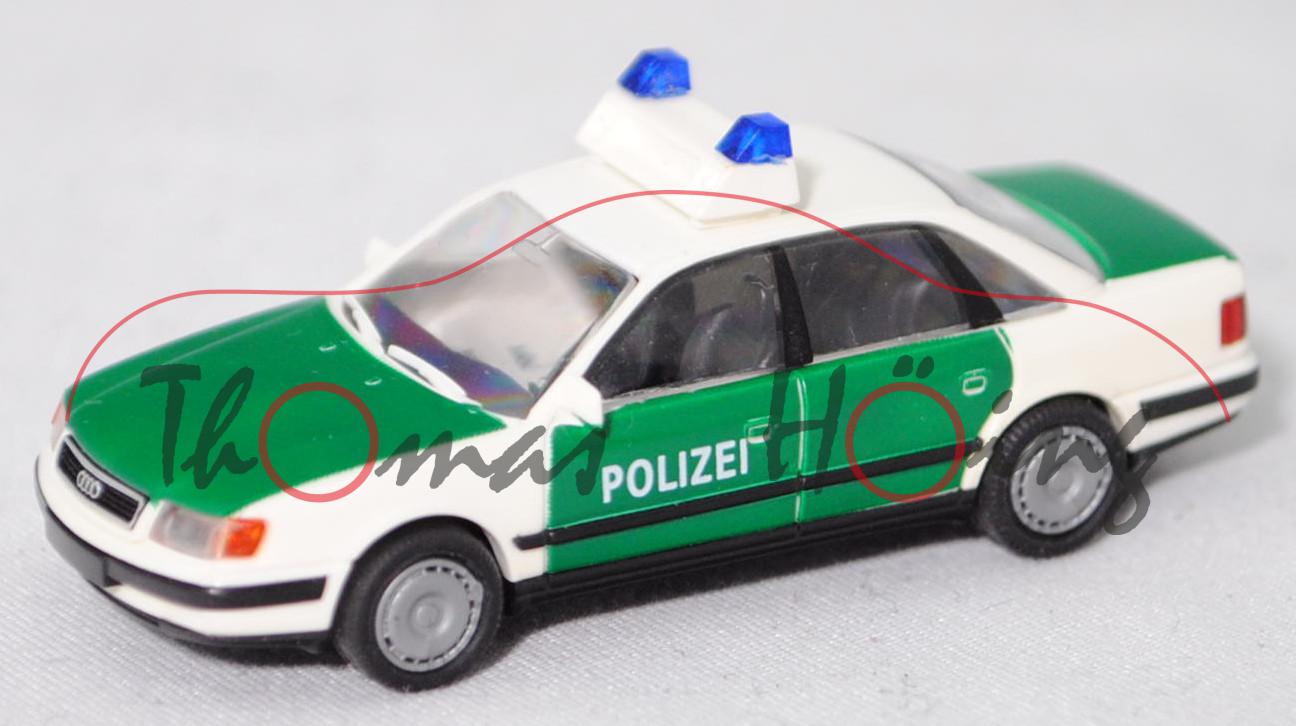 Audi 100 quattro 2.8 E (C4, Modell 1990-1994) Polizei, weiß/grün, Radzierblenden, Rietze, 1:87, mb