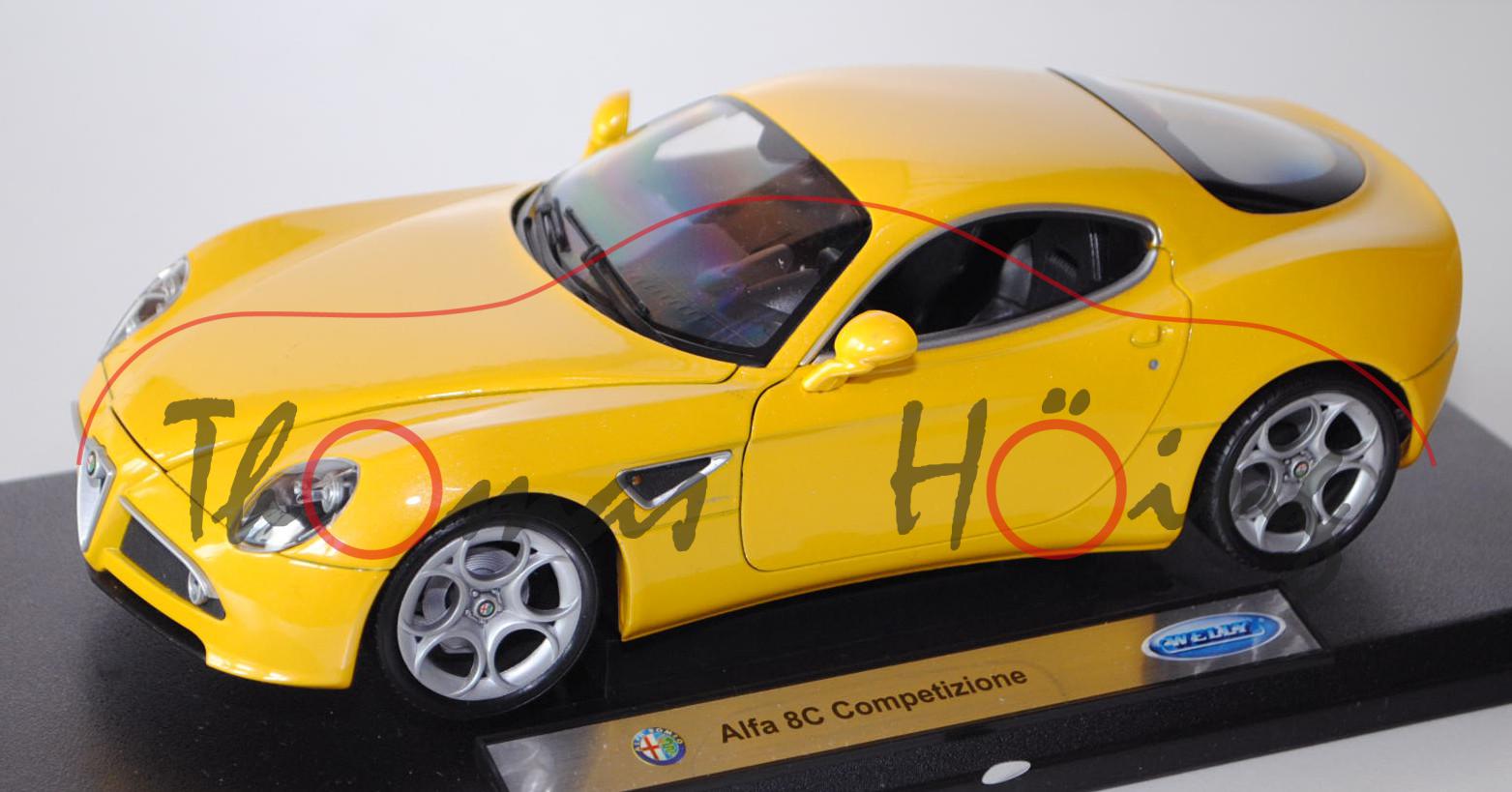 Alfa Romeo 8C Competizione, Modell 2007-2009, kadmiumgelb, Türen + Motorhaube zu öffnen, Welly, 1:18