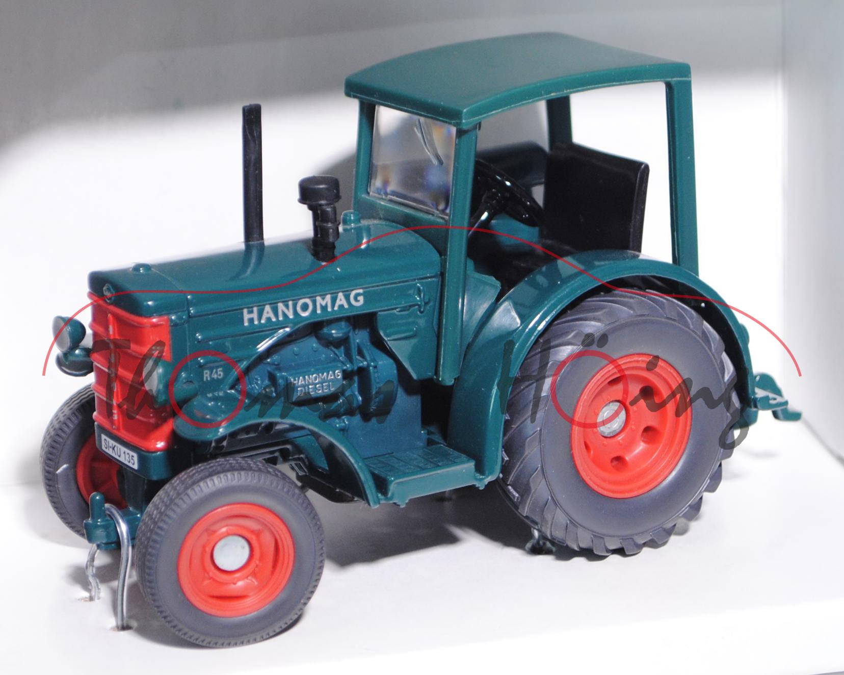 00001 Hanomag R 45 (Modell 1950-1957), blaugrün, Grill rot mit Druck HANOMAG, Sitz schwarz, Lenkrad