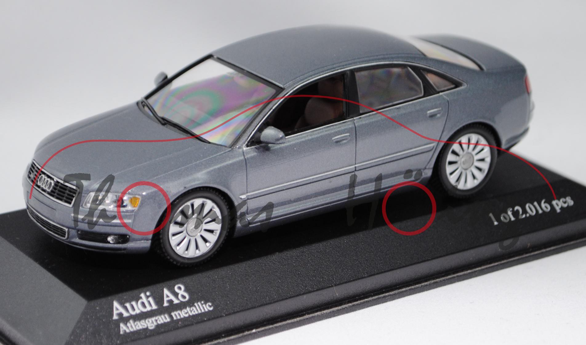 Audi A8 4.2 quattro (D3, Typ 4E, Modell 2002-2005), atlasgrau metallic, Minichamps, 1:43, PC-Box