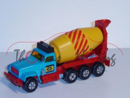 GMC Cement Mixer Truck, blaumetallic/verkehrsrot, drehbare dahlengelbe Trommel, Matchbox Super Kings