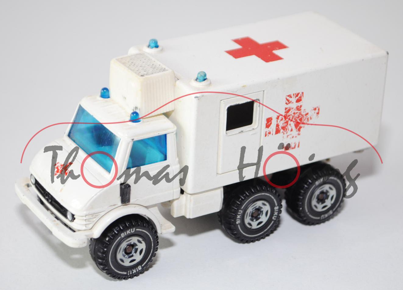 00005 Unimog 406 Santiätswagen, cremeweiß, 4 Blaulichter, Verglasung blau, LKW10, Spiegel + Spritzla