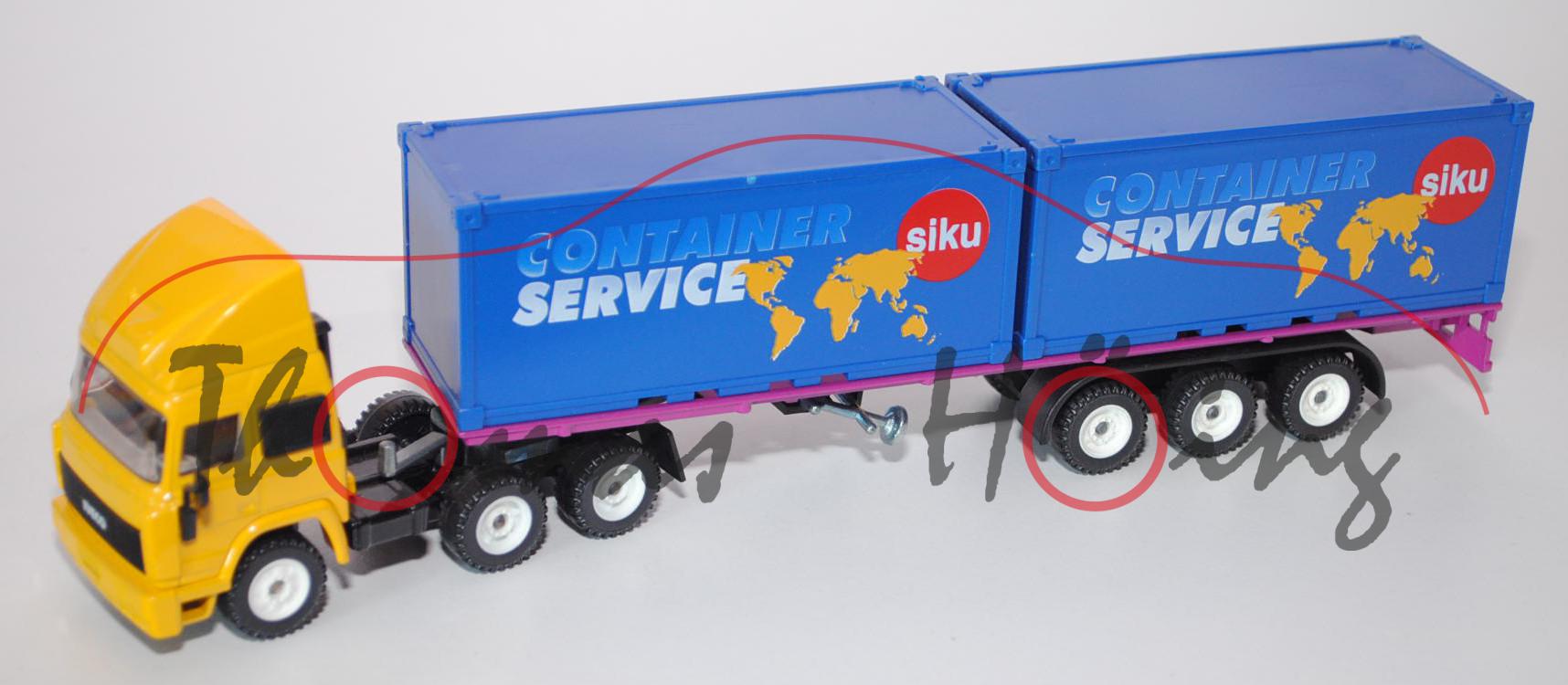 Iveco TurboStar Container-LKW, signalgelb/schwarz/verkehrspurpur, CONTAINER/ SERVICE / siku-Logo, al